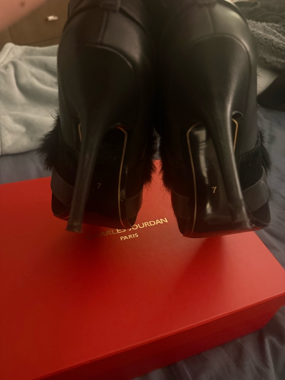 Charles Jourdan Women’s Black Fur-Strap Pointed Stiletto Boots, Size 7 - Picture 5 of 5